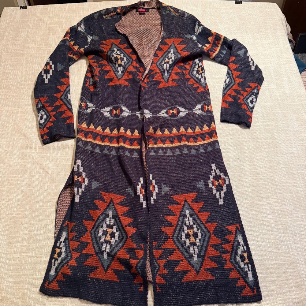 Rock & Roll Denim Womens Southwestern Geometric Duster Cardigan Navy Orange L